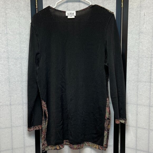 U.S. Wear Long Sleeve Paisley Metallic Side Slit Tunic Cardigan Black Tan Green - Picture 5 of 13